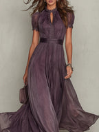 Flavia | Elegant long purple dress with a drop neckline and lace