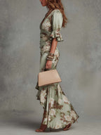 Ana | Long Asymmetric Satin Dress in Green with V-Neck