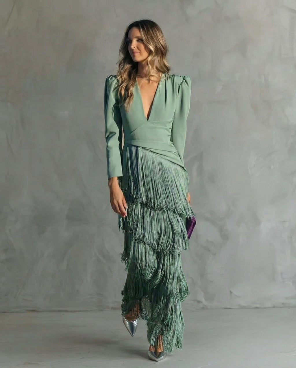 Rowena | Elegant Midi Dress with Fringe Sleeves