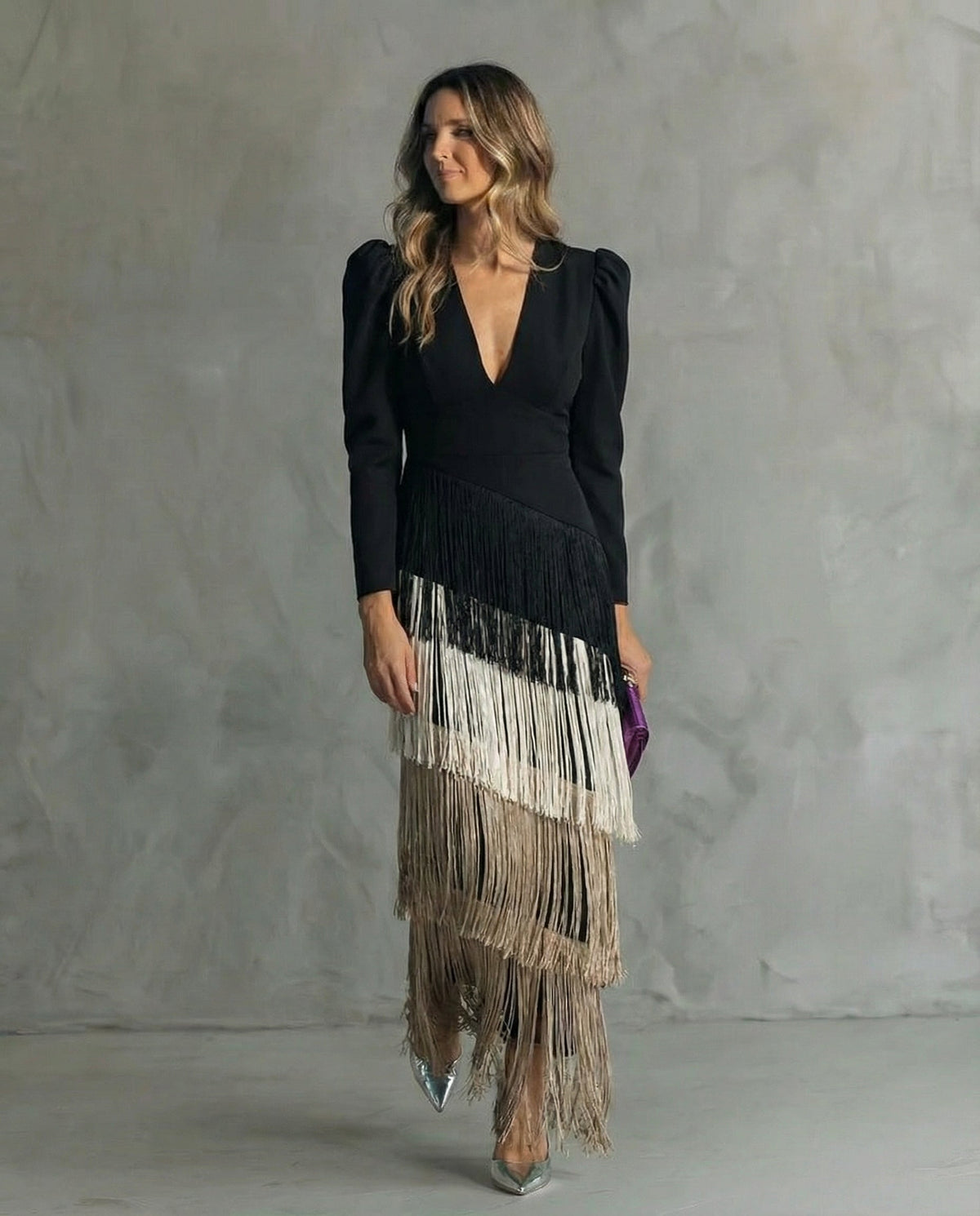 Rowena | Elegant Midi Dress with Fringe Sleeves
