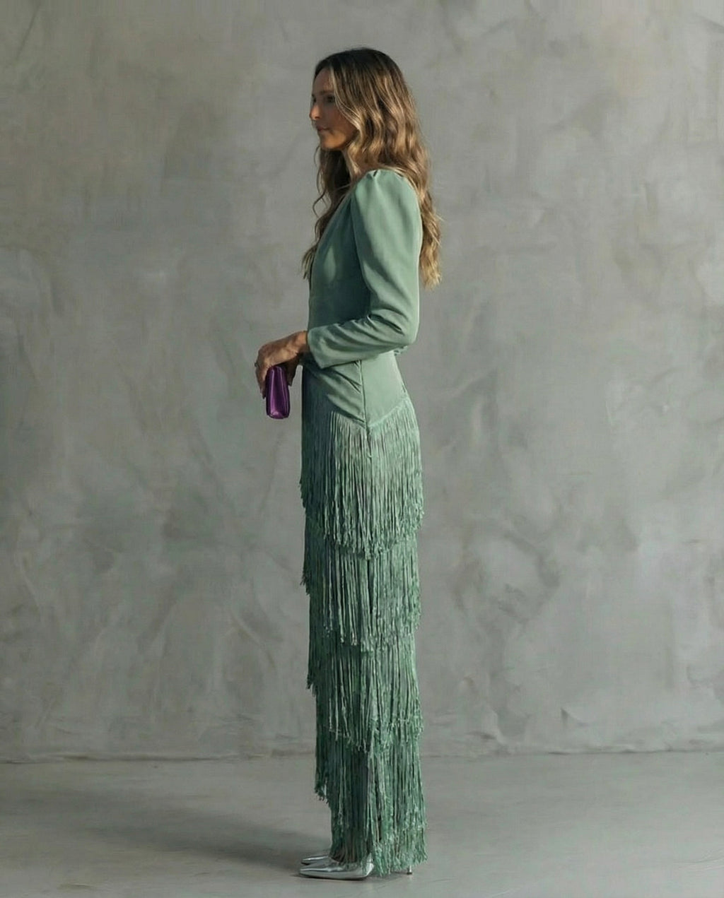 Rowena | Elegant Midi Dress with Fringe Sleeves