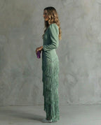 Rowena | Elegant Midi Dress with Fringe Sleeves