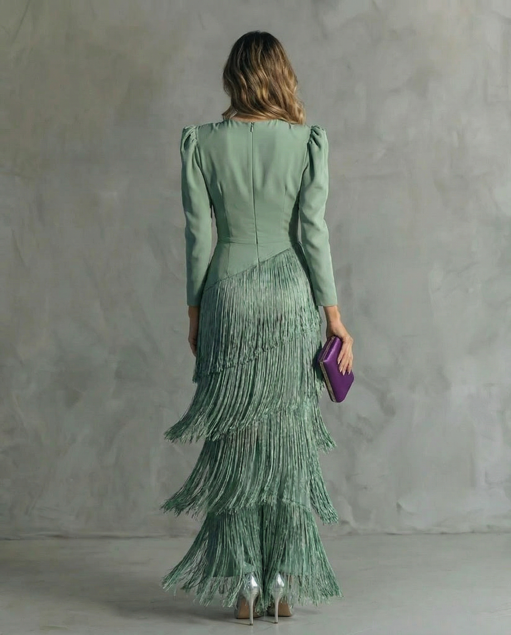 Rowena | Elegant Midi Dress with Fringe Sleeves