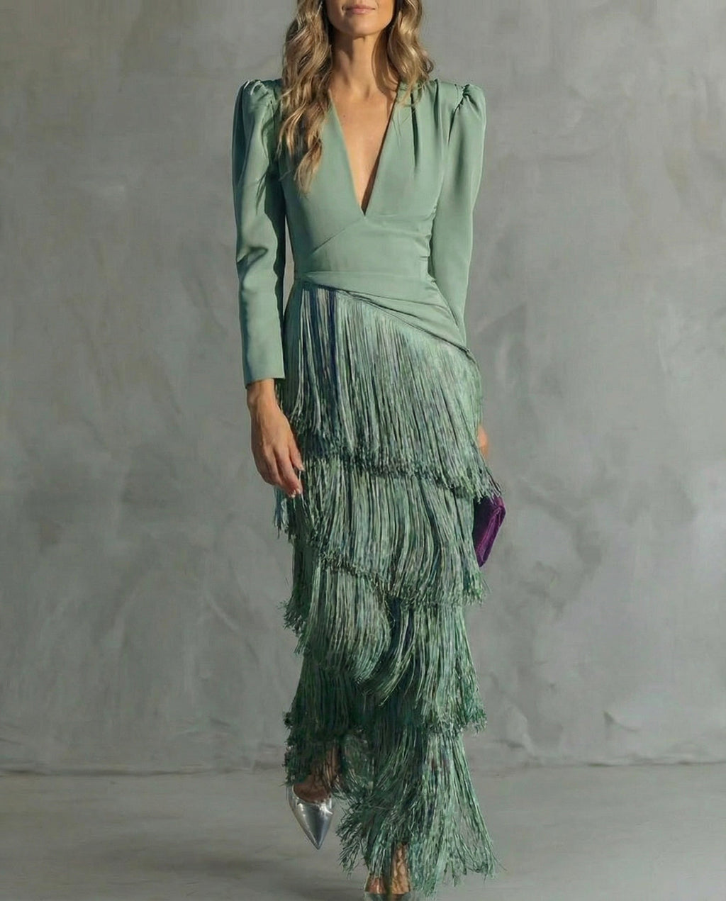 Rowena | Elegant Midi Dress with Fringe Sleeves