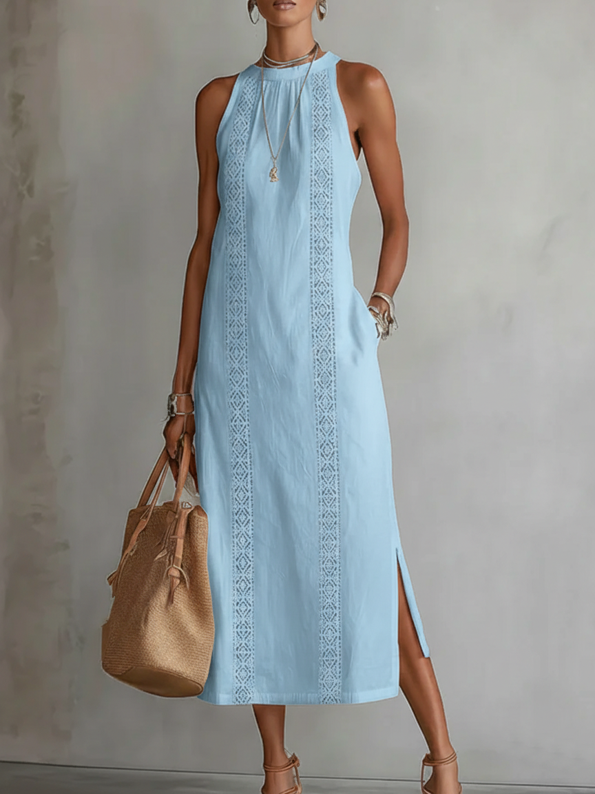 Zara | Relaxed Embroidered Mandarin Collar Midi Dress