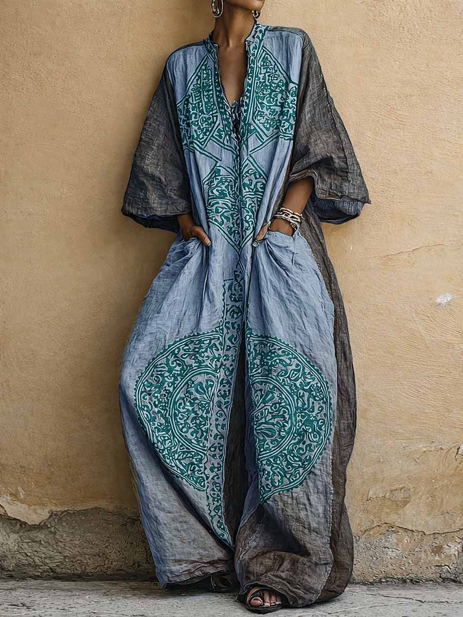 Esme | Vintage Print V-Neck 3/4-Sleeve Jumpsuit