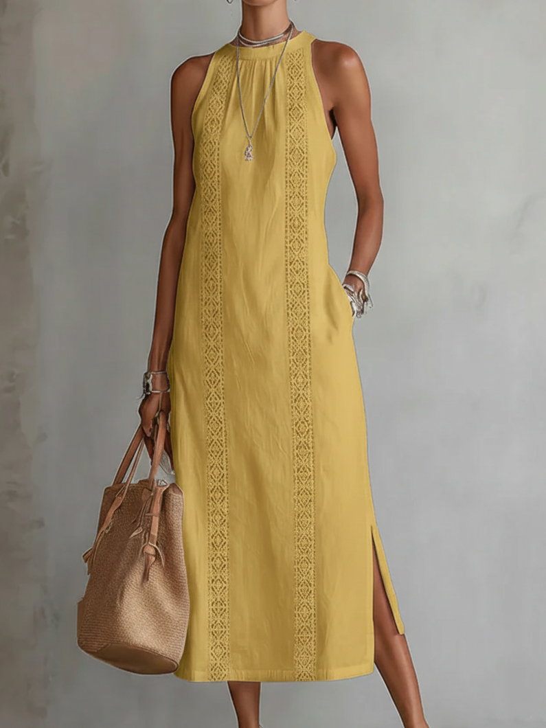 Zara | Relaxed Embroidered Mandarin Collar Midi Dress